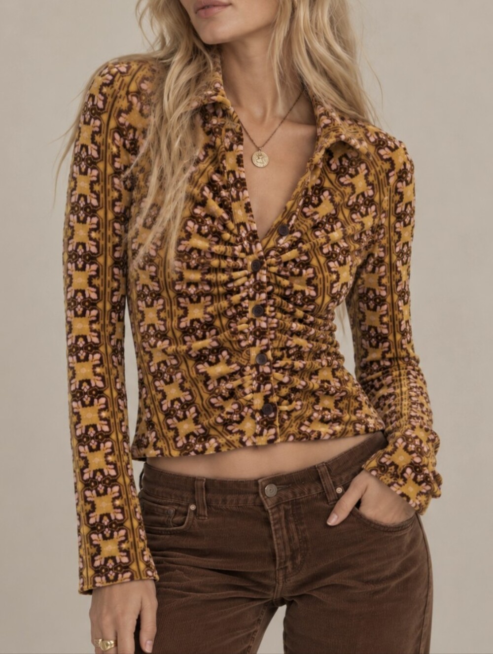 70s Groovy Print Button Down Stretch Crop Retro Look Shirt XS NEW
